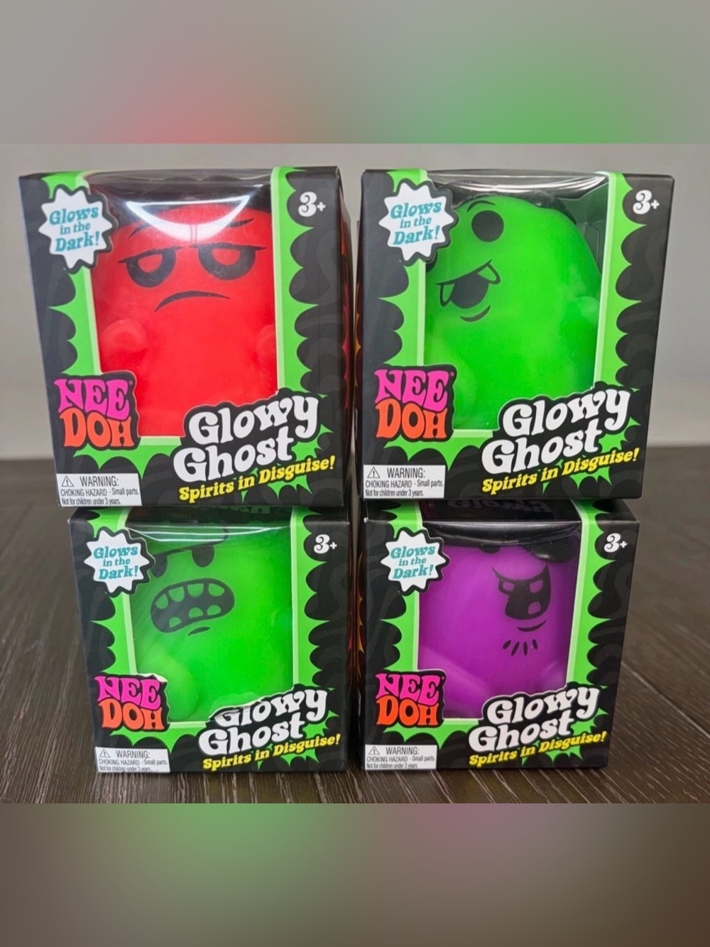 Lot of 4 NeeDoh Glowy Ghost Glow-in-the-Dark Squeeze Toy Purple Orange, 2 Green